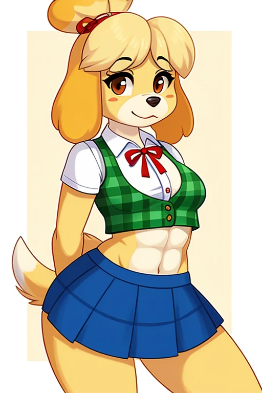 isabelle \(animal crossing\), plaid vest, white short sleeve undershirt, red ribbon, blue skirt, bare midriff, crop top, abs, female dog, anthro style, furry style, furry, digital art