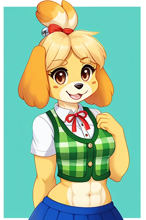 isabelle \(animal crossing\), plaid vest, white short sleeve undershirt, red ribbon, blue skirt, bare midriff, crop top, abs, female dog, anthro style, furry style, furry, digital art