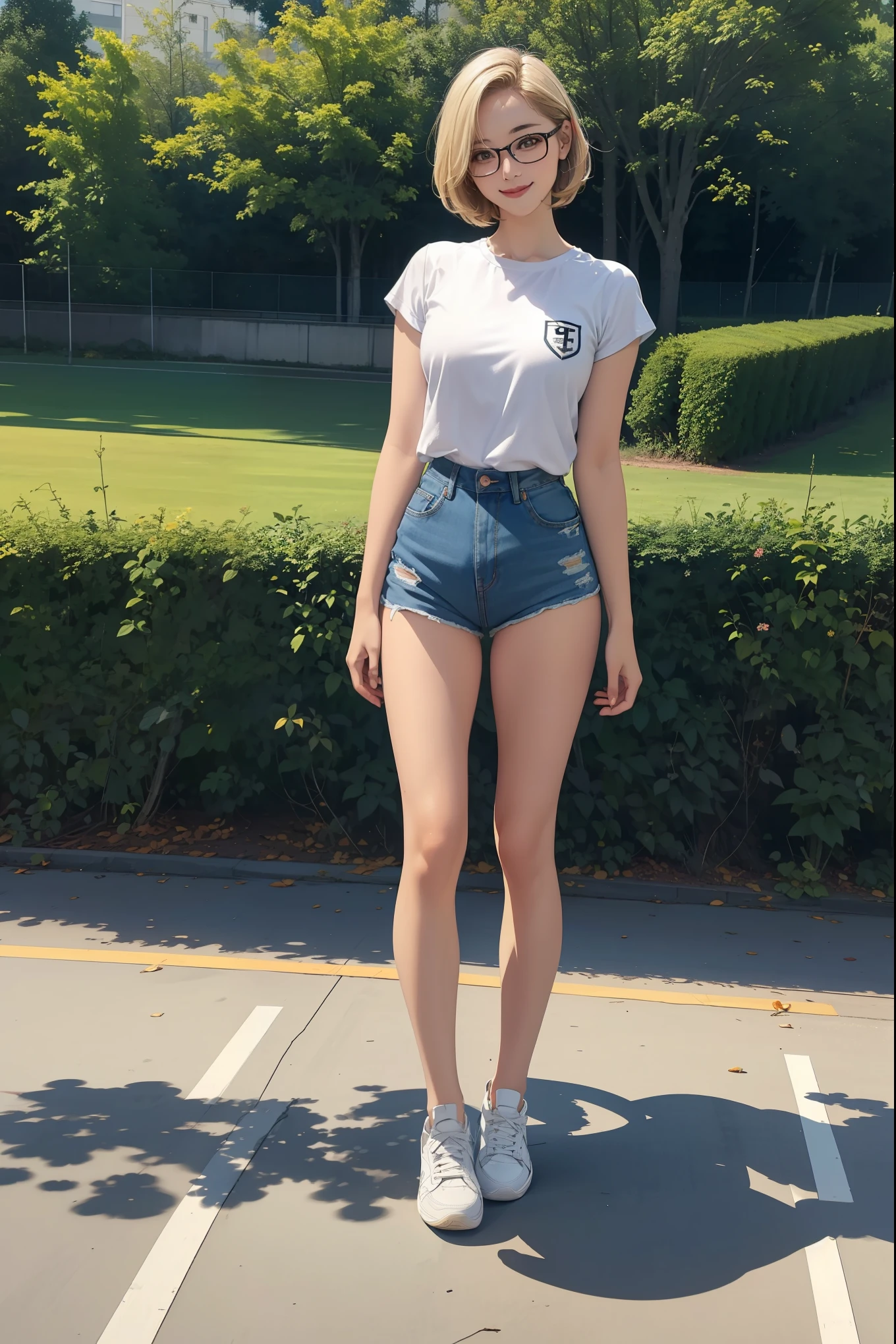 1girl, short blonde hair, glasses, white loose shirt, large breast, high waist denim shorts, sport shoes, standing, smiling, full body, park, (best quality,4k,8k,highres,masterpiece:1.2), 