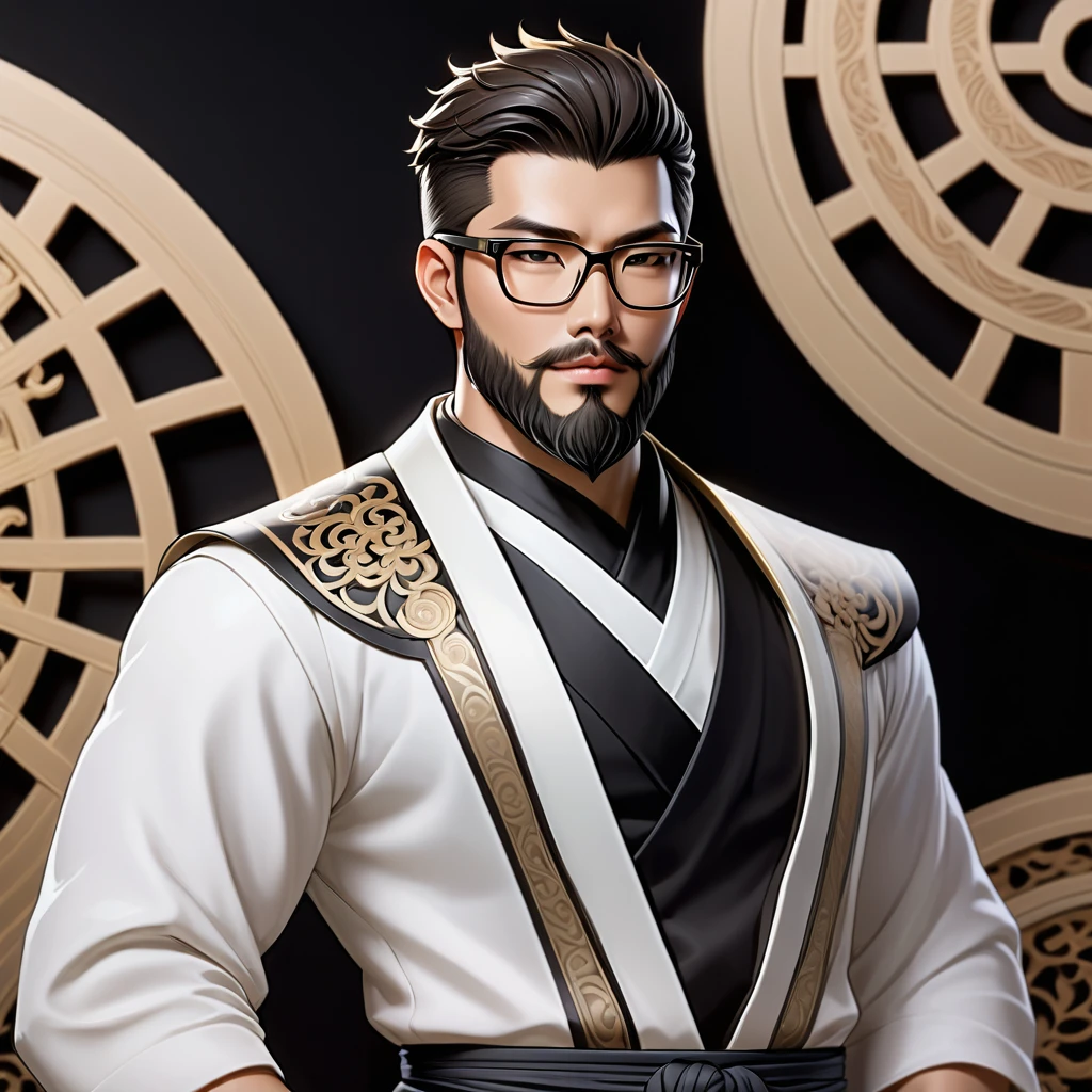 High quality fantasy artifact concept art, simple background,  carved high-end porcelain, complex, gorgeous, 8k, an Asian man with stubble, short beard, short mustache, Beard scum, slightly curly hair, and black square plastic-framed glasses