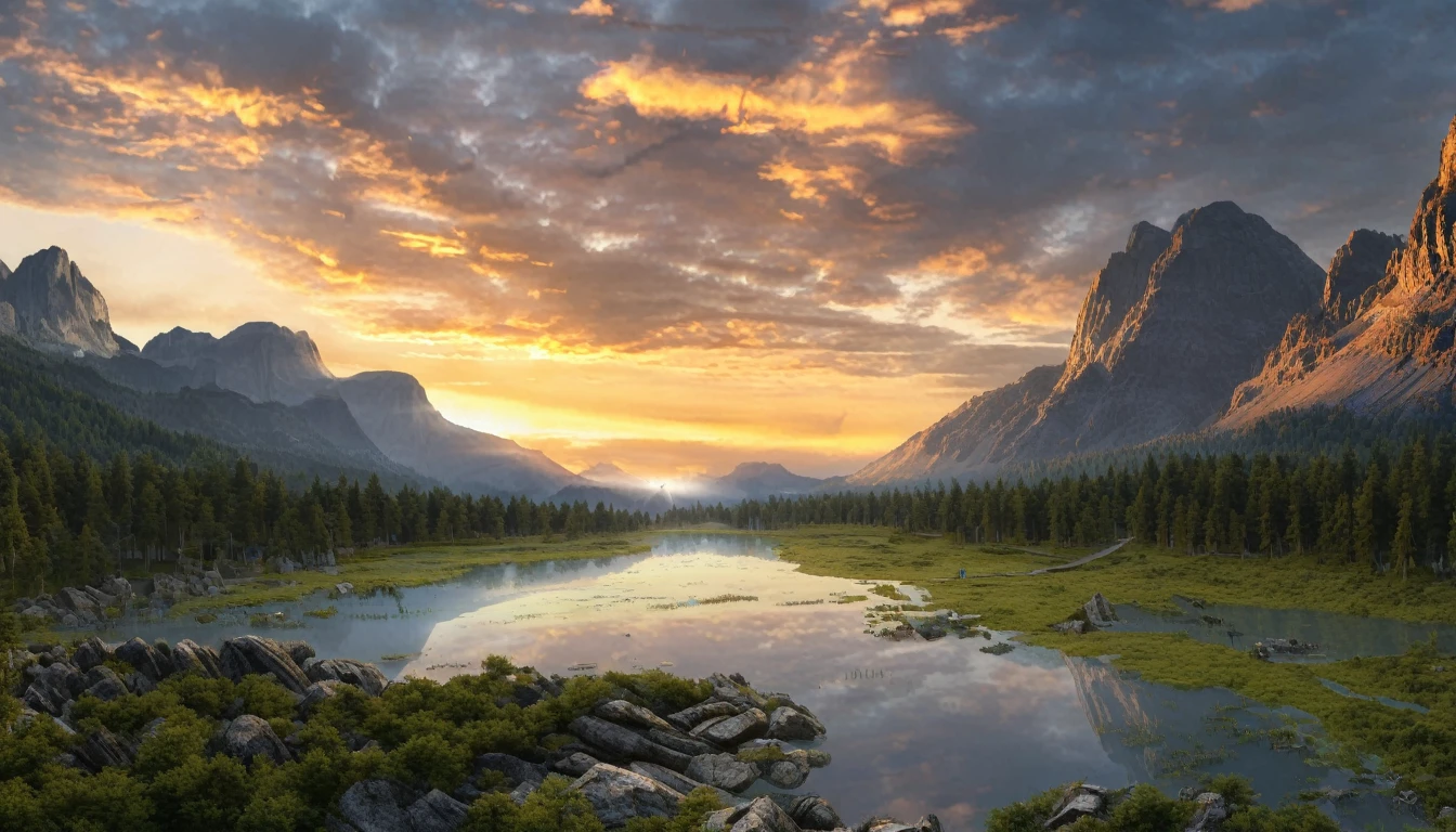 detailed landscape, stunning mountain vista, dramatic sunset sky, beautiful golden hour lighting, lush green forest below, rocky cliffs, serene lake reflecting the sky, birds soaring in the distance, (best quality,4k,8k,highres,masterpiece:1.2),ultra-detailed,(realistic,photorealistic,photo-realistic:1.37),landscape,cinematic composition,vivid colors,dramatic shadows,stunning scenery