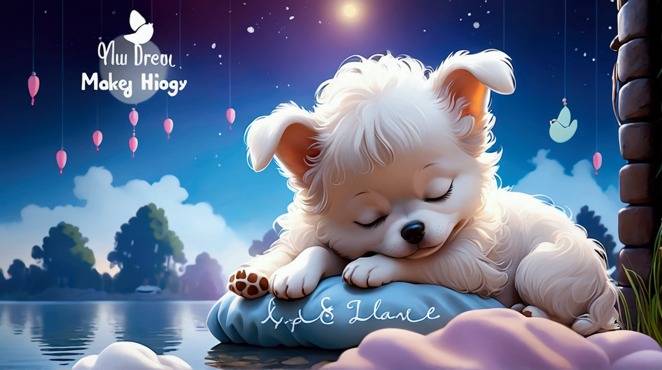 Cute dog sleeping by the lake