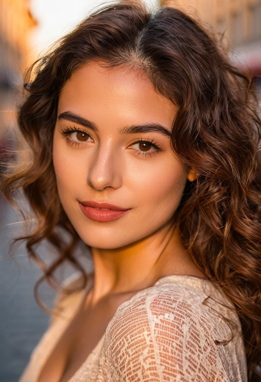 Portrait of an italian young woman in the heart of the bustling city during the golden hour using a DSLR with an 85mm prime lens, aiming for a dreamy and peaceful mood in a close-up shot with f/1.8 aperture, 1/320 sec shutter speed, and ISO 100 from a normal angle and eye line. Her short, wavy chestnut hair cascades down her back, framing her elegant features. Expressive brown eyes gazing directly at the viewer. Her rosy lips are parted slightly, revealing a hint of a playful smile.