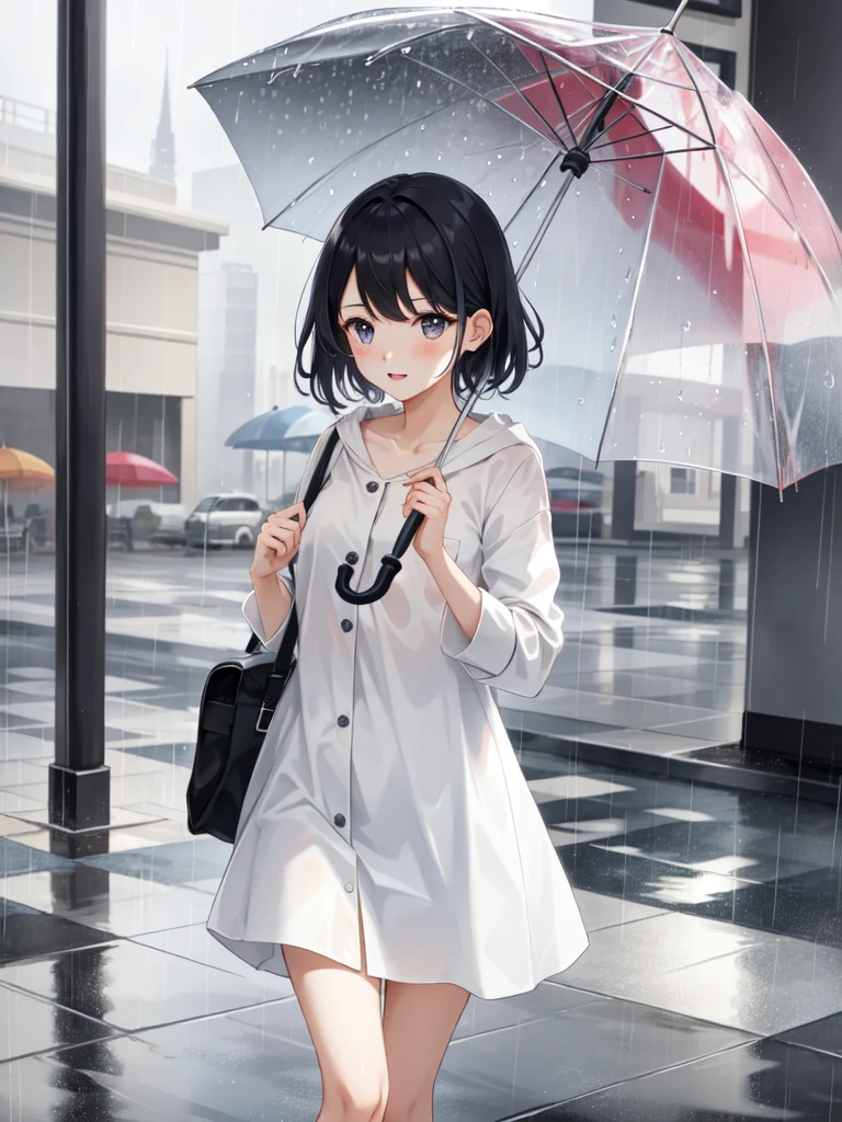 1 girl, Playful and rainy, with raindrops, umbrellas, and pastel colors.