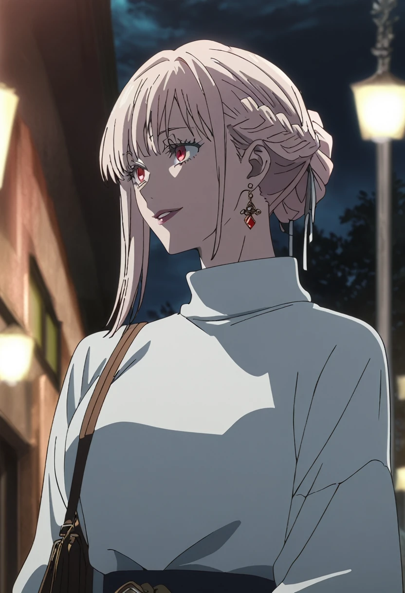 1girl, female gojo satoru, anime screencap from jujutsu kaisen, gojo satoru female version, solo, long_hair, ((red eyes)) ((White_hair, elegant hairstyle, french braid)), night view, (hanging breasts) upper_body, smile, lips, (slightly straight hair) ((wearing white sweater)) breast, "very detailed and high resolution" (red eyes) ((shoulder length straight hair)) ((solo)) (((front view))) (earings) ((high resolution)) ((good quality)) ((elegant hairstyle, french braid)) ((hand bag))