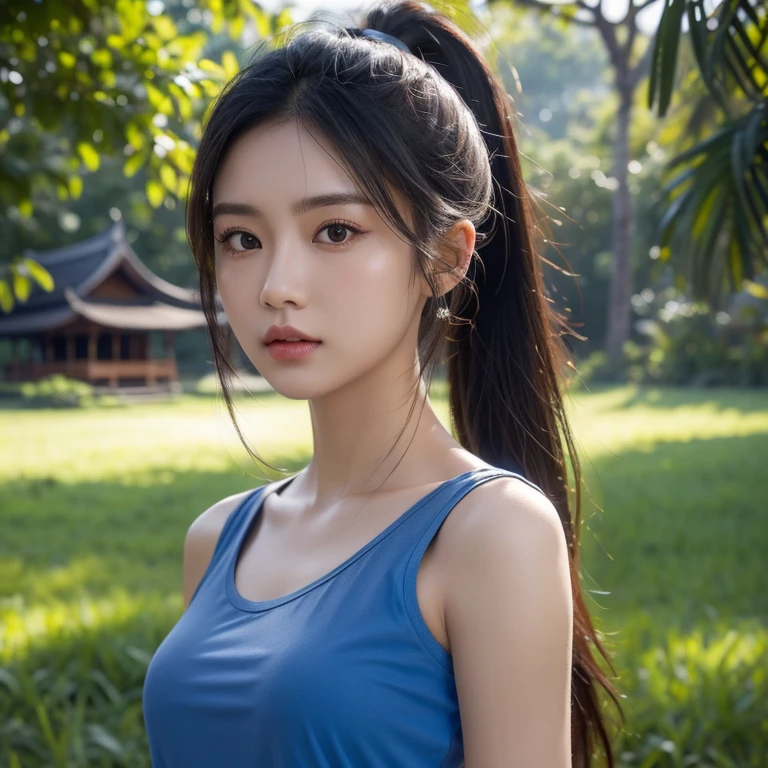 Head-on photo of Araffe woman wearing a blue T-shirt., Looking straight at you intently, ponytail, Long hair floats up, Long-haired woman with a round face, Red cheeksแดงอมชมพู, black eyes ตาสองชั้น, black eyes, Thai anime, Has a large chest size of 38 inches., (digital painting, HDR, high contrast), (Highest quality),(Masterpiece:1.3),(sharp focus:1.2), glowing face, (Red cheeks:1.6:), outdoor, The background is a rice field., There is an old thatched Thai-style hut in the background., The evening sun shines, beautiful asian woman, Japanese goddess, beautiful female model, jaw-dropping beauty, Attractive face and body