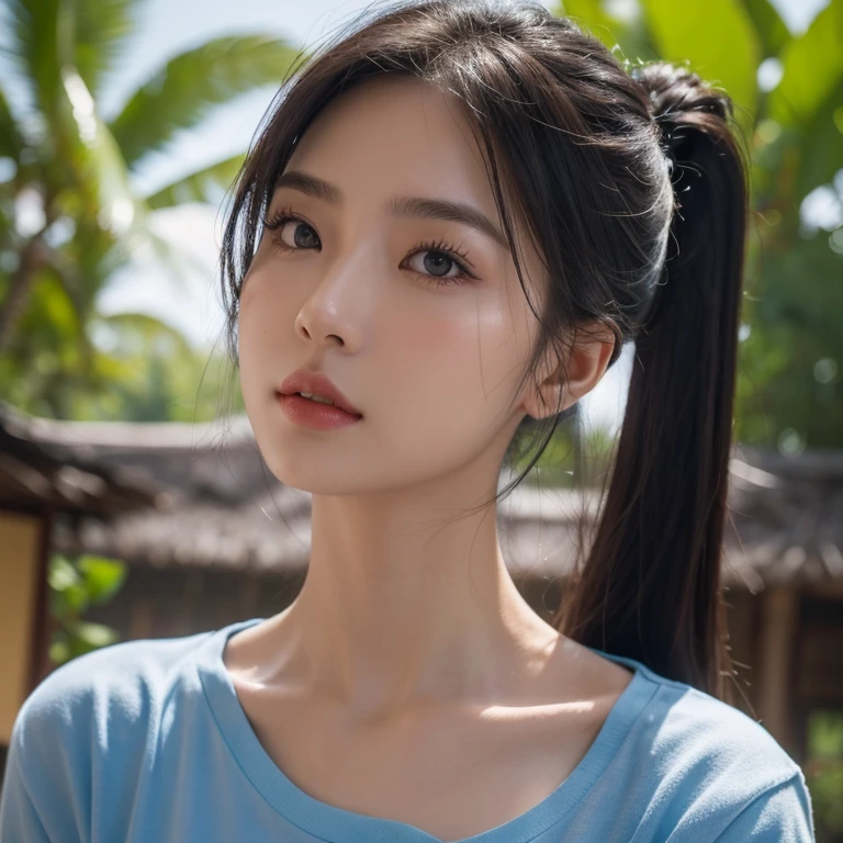 Head-on photo of Araffe woman wearing a blue T-shirt., Looking straight at you intently, ponytail, Long hair floats up, Long-haired woman with a round face, Red cheeksแดงอมชมพู, black eyes ตาสองชั้น, black eyes, Thai anime, Has a large chest size of 38 inches., (digital painting, HDR, high contrast), (Highest quality),(Masterpiece:1.3),(sharp focus:1.2), glowing face, (Red cheeks:1.6:), outdoor, The background is a rice field., There is an old thatched Thai-style hut in the background., The evening sun shines, beautiful asian woman, Japanese goddess, beautiful female model, jaw-dropping beauty, Attractive face and body