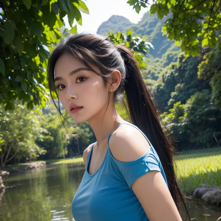 Head-on photo of Araffe woman wearing a blue T-shirt., Looking straight at you intently, ponytail, Long hair floats up, Long-haired woman with a round face, Red cheeksแดงอมชมพู, black eyes ตาสองชั้น, black eyes, Thai anime, Has a large chest size of 38 inches., (digital painting, HDR, high contrast), (Highest quality),(Masterpiece:1.3),(sharp focus:1.2), glowing face, (Red cheeks:1.6:), outdoor, The background is a rice field., There is an old thatched Thai-style hut in the background., The evening sun shines, beautiful asian woman, Japanese goddess, beautiful female model, jaw-dropping beauty, Attractive face and body
