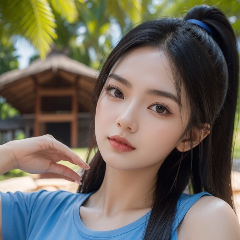 Head-on photo of Araffe woman wearing a blue T-shirt., Looking straight at you intently, ponytail, Long hair floats up, Long-haired woman with a round face, Red cheeksแดงอมชมพู, black eyes ตาสองชั้น, black eyes, Thai anime, Has a large chest size of 38 inches., (digital painting, HDR, high contrast), (Highest quality),(Masterpiece:1.3),(sharp focus:1.2), glowing face, (Red cheeks:1.6:), outdoor, The background is a rice field., There is an old thatched Thai-style hut in the background., The evening sun shines, beautiful asian woman, Japanese goddess, beautiful female model, jaw-dropping beauty, Attractive face and body