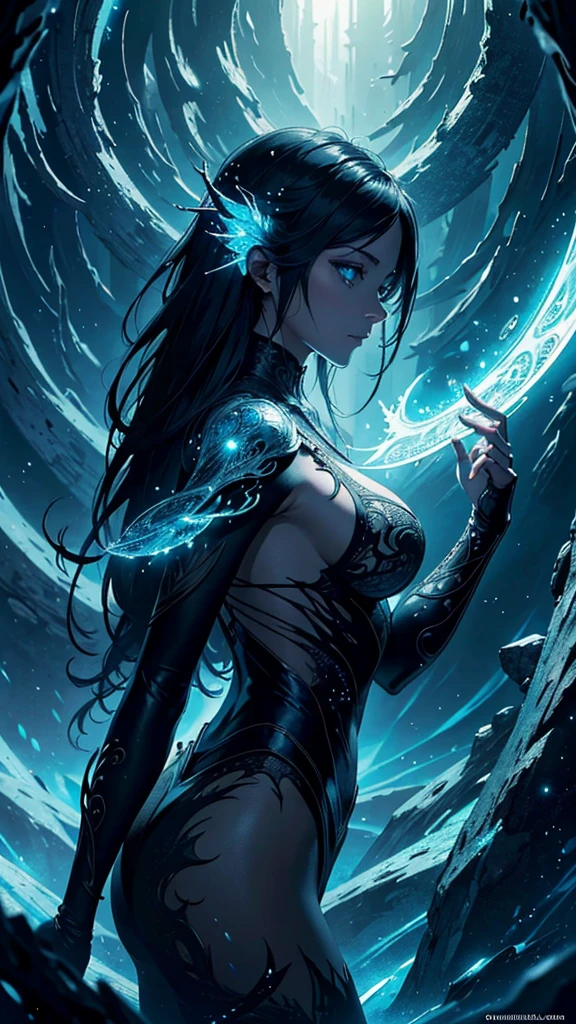 masterpiece,best quality,Hyper detailed,light,Intricate details,high resolution,Official Art,Finely detailed,high resolution插图,8K,lens flare,Light particle,Dark, intense shadows,particle,detailed Background,detailed Glow,detailed Reflection,detailed,Mysterious Landscape Photography, Incredible futuristic images emerge from Miracle Stone, Dark, atmosphere, Dark,Aaron Horkey's painting depicts,A powerful portal to another world,