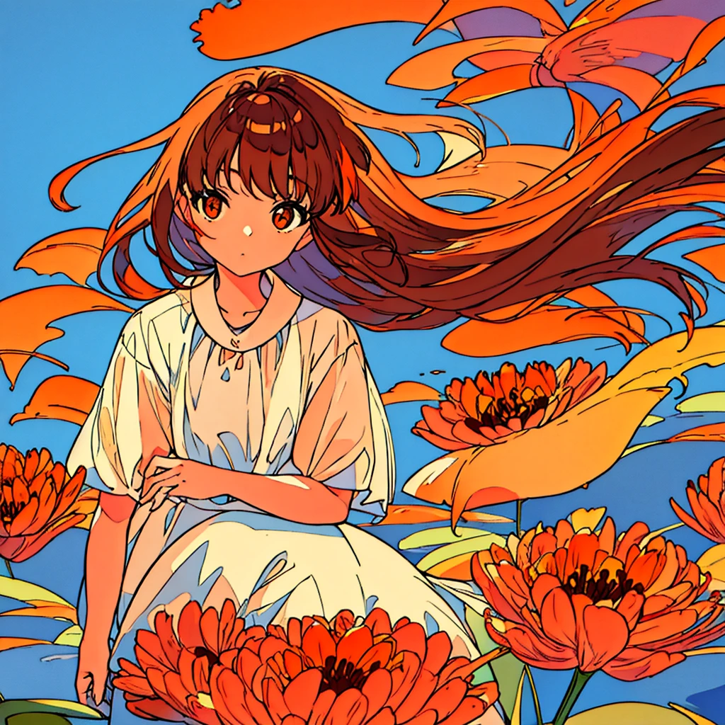 Orange plain background, lily flower, girl in white dress, brown hair, summer, nostalgic, simple