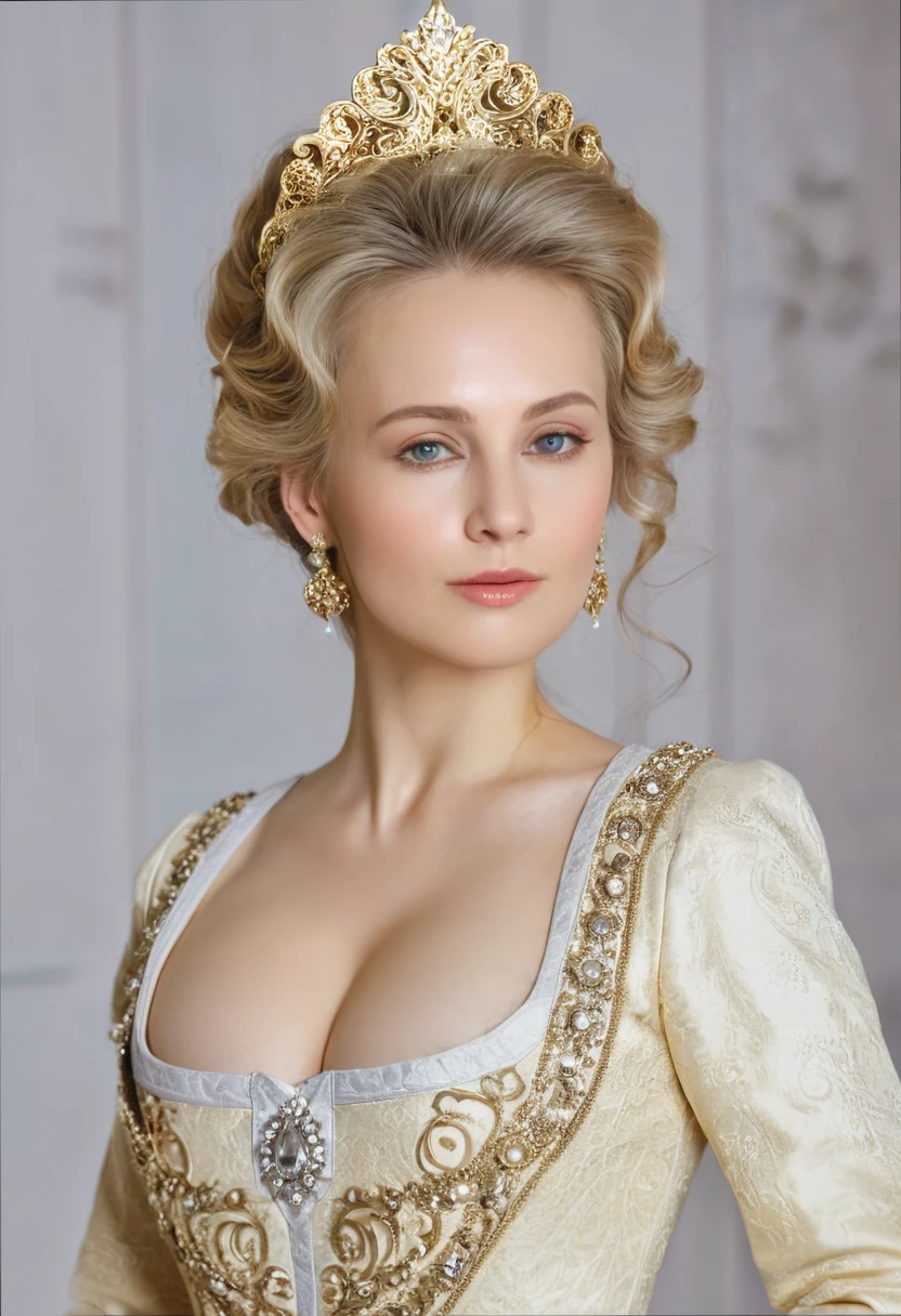 Side view , looking at viewer, Russian girl, 40 age old, (Blond hair, middle hair ,  wince, Gray eyes, beautiful lip,  serious),  gold crescent earrings, gold neckless, (big breasts, slender whist, wide hip, real public hair) ,(Rococo 18the century dress) , (gold earing , peal neckless. tiara with Dimond),   Palace, in Moskva, textured skin , HI detailed skin, (foreshortening, Canon, UHD, anatomically correct,  super detail, high details, highness, 