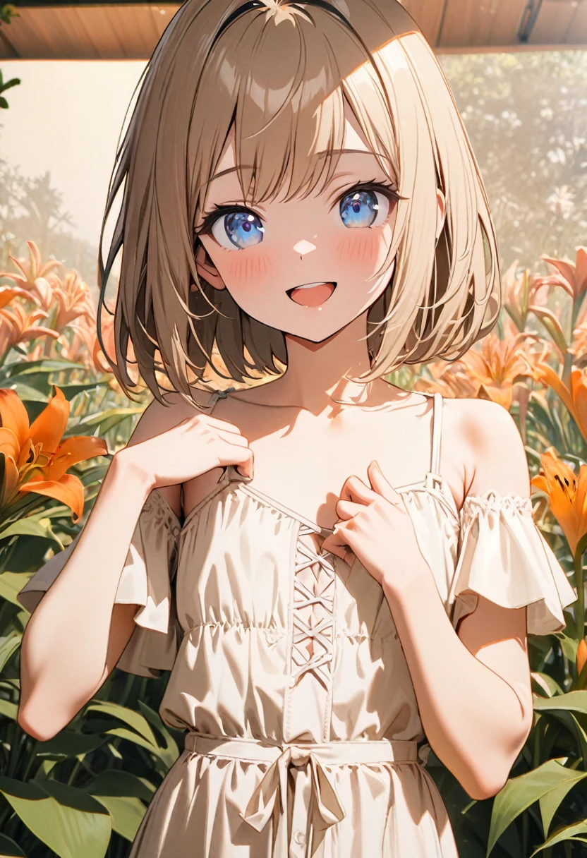 1 girl, 18yo, (flat chest: 1.5), blue eyes, light brown hair, bob cut, summer outfit, smile, open mouth, lily fields, pink lily, orange lily, upper body, bule sky, 8k, RAW photo, best quality, masterpiece, extremely detailed 8k wallpaper, ultra-detailed, best shadow, detailed background, beautiful detailed face, beautiful detailed eyes, nice hands, perfect hands