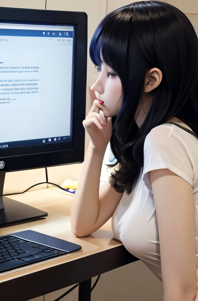 A full-body mannequin deep kissing a computer,mannequin is a high school girl,The mannequin is 165cm tall,Mannequin color'My face is white.,Mannequin color'The body is pure white.,The mannequin has brown hair.( ponytail,bangs),Mannequin color'lips light pink color.,mannequin'Eye color is black,mannequin has a long, Thin face.,mannequin is wearing a coat Bangs