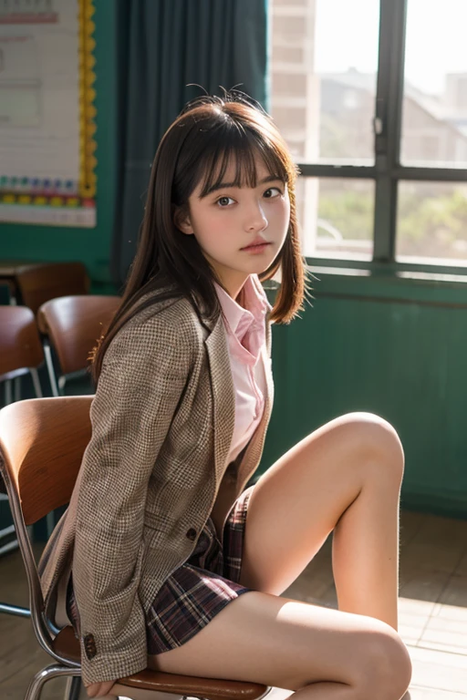 classroom、Brown blazer、High school girl in a checked skirt、18-year-old、Perfect body、165cm、sitting with one knee up on a chair、Her pink panties are showing、Twilight Sky、Backlight、、Embarrassed expression、from below, masterpiece, high quality,　front view,