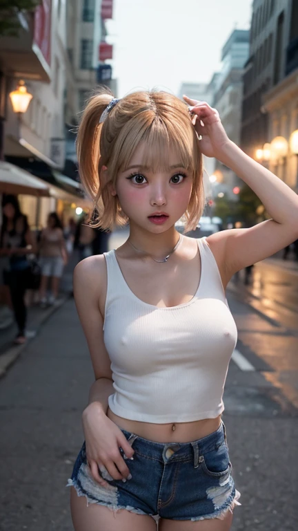 (Perfect Anatomy, Highest quality, masterpiece, Ultra-high resolution, 8K, RAW Photos, Realistic), (Writhing:1.0), (Large areola:1.2, Erect nipples:1.2, Short Bob Cut, 20-year-old girl:1.2, Embarrassing, look up, blush:1.0, Very white skin, Medium sized butt, Large Breasts, Very short denim booty shorts, Show Viewer, Put your hands on your face, topless), night, Street Corner , Light, Bokeh、((White tank top))