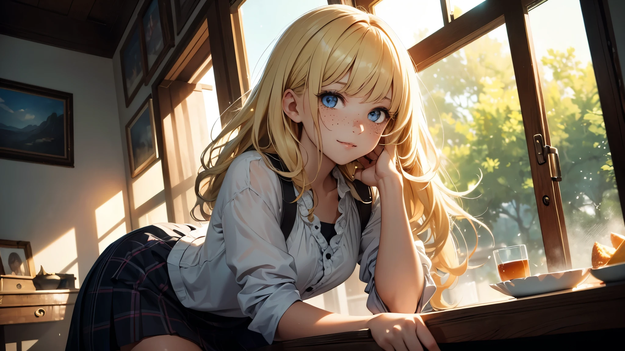 ((masterpiece,best quality,ultra detailed,ultra high res)), soft realistic focus, Perfect Eyes, dynamic shadows, realistic image, vibrant colors,light leaks,dreamy atmosphere,chiaroscuro,BREAK
experimental charm, The girl is depicted in full growth, girl , thin and tall, you see the girl from head to toe, nostalgic appeal, country girlfriend, she take you with yourself, skirt and short blouse, soft mischievous smile, freckles, blonde hair, slightly leaning forward, flashback of memories, blonde, holding your hand