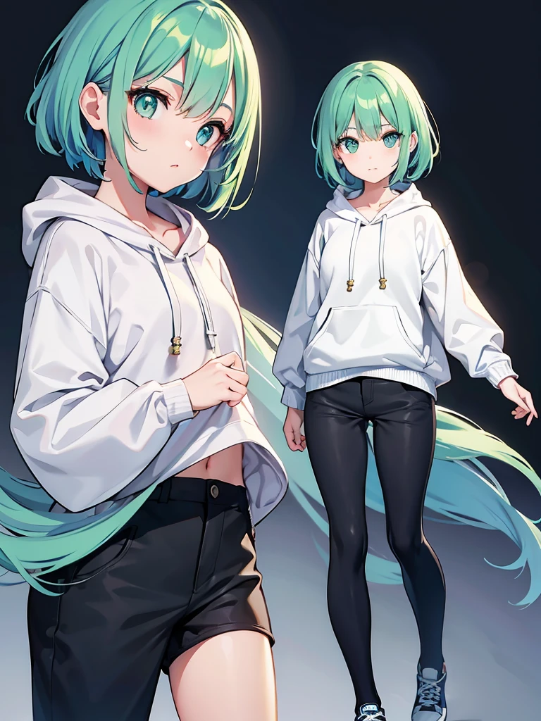 Masterpiece,High quality,(Full body 1.2),Animated standing portrait, black half pants and white hoodie,(green hair 1.4),Anime girl with short green hair and green eyes,(detailed eyes 1.6),(clear eyes 1.4),(beautiful eyes 1.4),(shining eyes 1.4),White cyan, green hair, detailed Key Animated Art, Animated Portrait, shining eyes, girl with blue hair, light blue hair, black half pants, white stockings, thighs, 4K