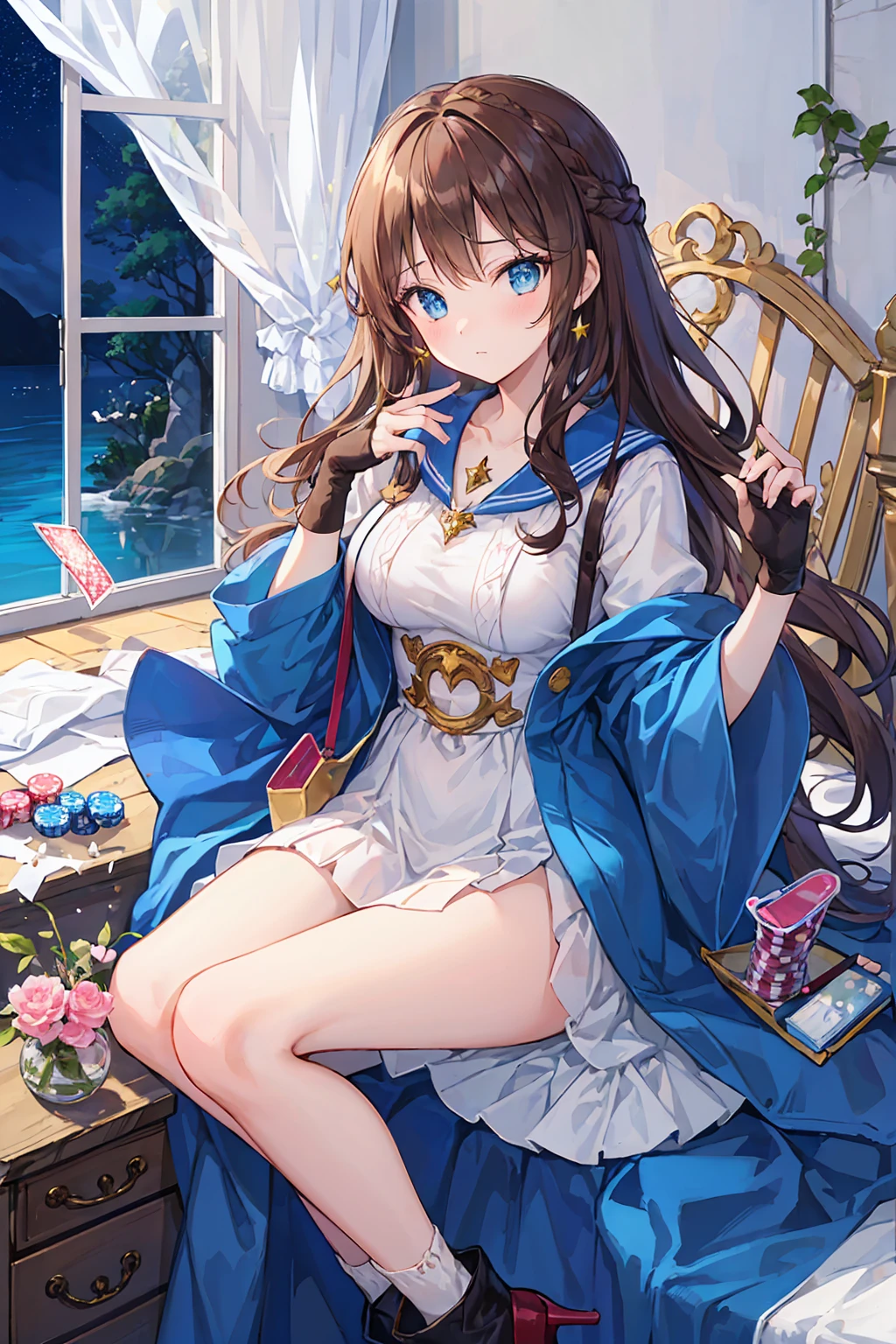 (Above image),Dynamic Angle,Very detailed, shape, close, straight, 1 Girl, (Fantasy:1.4), (blue eyes:1.233),Her eyes shone like dream-like stars,(Beautiful and delicate eyes:1.1),(Brown Hair:1.14),(Messy Hair,Very long hair,French Braid,Side Lock),(Chiffon dress，white)/=(uniform:1.24),(Do not use sleeves,(Fingerless gloves),necklace,(Micony high socks),High heel boots,(poker face),(Stubborn), (whiteい古い宮殿に位置する、Classic princess bedroom with dressing table and French windows),(whiteい花,bloom),(deep sea),(Flowing water),(Dull Blue World Tree:1.14),(Remaining),(night:1.2),dream-like, [[Thin fingers and hands:0.55]::0.85],(Finger details),(Soup Packet:0.5),Small breasts