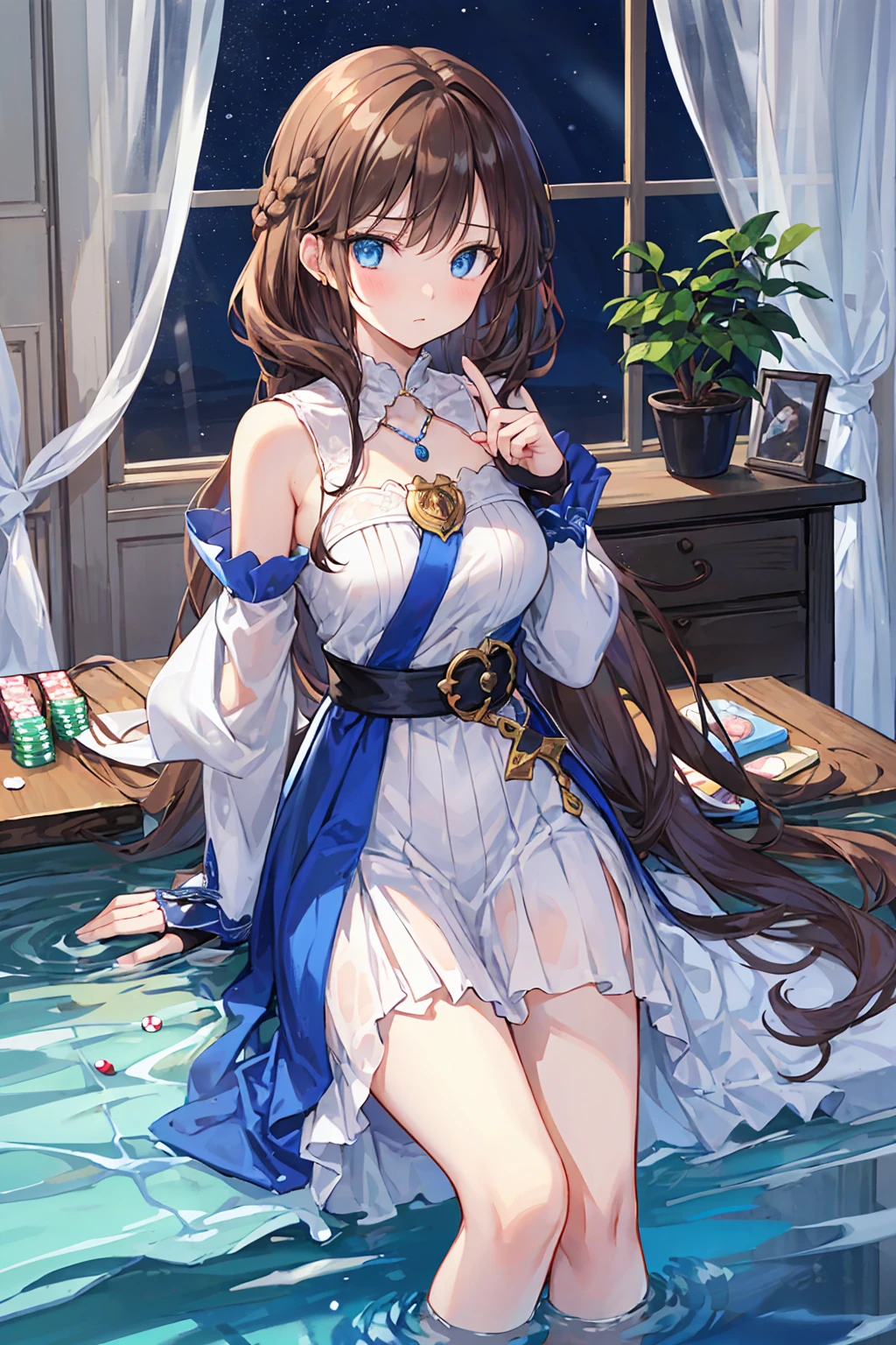 masterpiece、High resolution、high quality、delicate、ultra High resolution、8K、1 female、brown hair、long hair、blue eyes、thick lips、blue dress、perfect hands