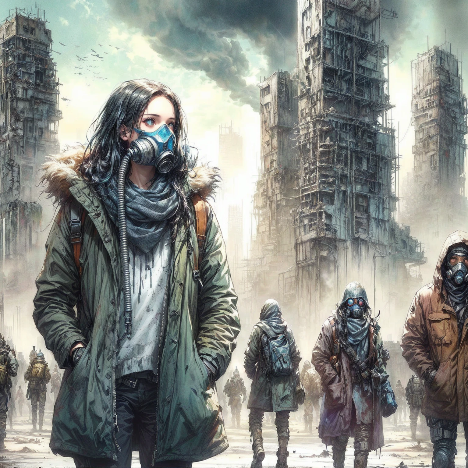 arafed image of a woman in a gas mask standing in front of a group of people, dystopin future, dystopian scifi apocalypse, post - apocalyptic vibe, apocalyptic art, in a post apocalyptic city, post apocalyptic world, alejandro burdisio art, post-apocalyptic, post - apocalyptic, post apocalyptic atmosphere, post apocalyptic, in the apocalyptic future