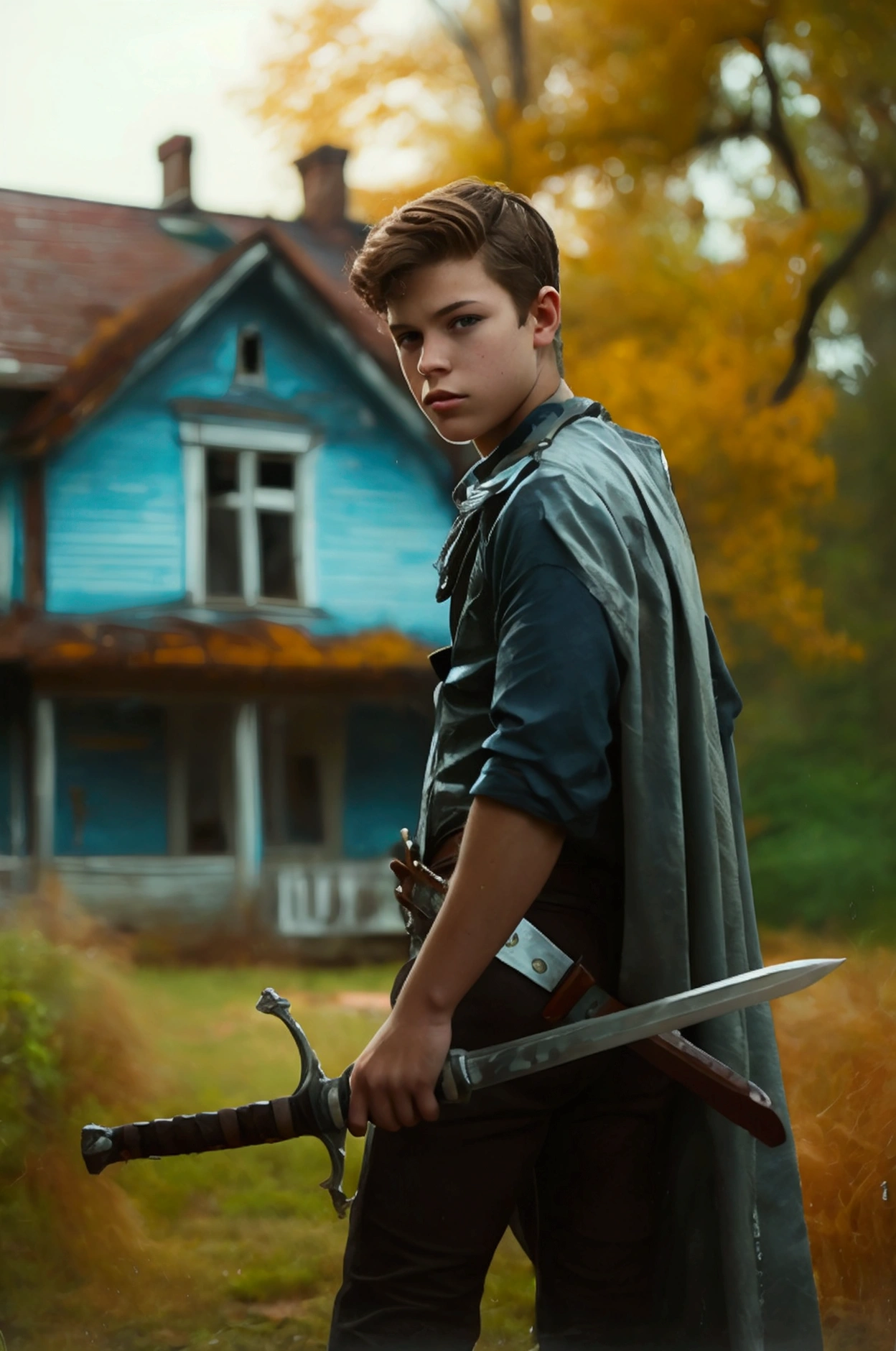 Realistic photo of solo handsome age men ,Standing In front of an abandoned house ,daytime rainy ,holding a sword
