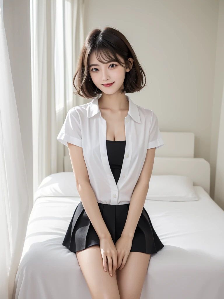 (Highest quality:1.9)、(High resolution)、Live-action image quality、((20-year-old woman、1 person))、Soft lighting by a professional photographer、Natural light、((Very spacious white luxurious room:1.6))、((Bright white room:1.6))、(Standing in front of a very luxurious white bed:1.2)、(White bookshelf background:1.1)、Natural soft light、((Black Hair Color:1.1))、Fair skin、Detailed Eyes、double eyelid、Slightly puffy cheeks、((Small Face:1.0))、((White short-sleeved shirt、Please wear it with the chest open.:1.7))、((White and black striped skirt:1.2))、(Cute Smile)、((Girly pose 1.8))、((Long curly hair:1.1))、((Full Body Shot:1.2))、((Height: 165cm))、Hands in front、Hold hands between legs、