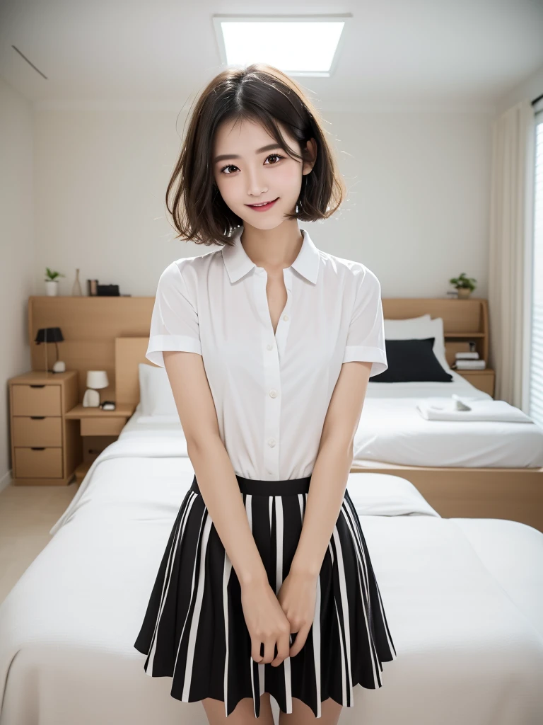 (Highest quality:1.9)、(High resolution)、Live-action image quality、((20-year-old woman、1 person))、Soft lighting by a professional photographer、Natural light、((Very spacious white luxurious room:1.6))、((Bright white room:1.6))、(Standing in front of a very luxurious white bed:1.2)、(White bookshelf background:1.1)、Natural soft light、((Black Hair Color:1.1))、Fair skin、Detailed Eyes、double eyelid、Slightly puffy cheeks、((Small Face:1.0))、((White short-sleeved shirt、Please wear it with the chest open.:1.7))、((White and black striped skirt:1.2))、(Cute Smile)、((Girly pose 1.8))、((Long curly hair:1.1))、((Full Body Shot:1.2))、((Height: 165cm))、Hands in front、Hold hands between legs、