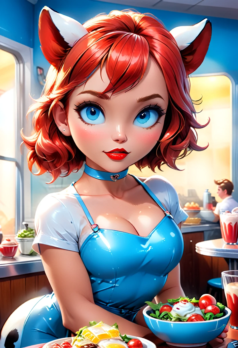 a 3D digital painting picture of extremely beautiful  (anthropomorphic cpw:1.3) serving a big bowl of salad in American diner, an exquisite beautiful female (cow anthropomorphic:1.3), ultra feminine ultra detailed face, red hair, short hair, little fury, red lips, blue eyes, wearing sexy white seductive latex dress, looking at a American  kitchen background,  dynamic angle, , award winning, best quality, high quality, high details, highres, vibrant, Ultra-high resolution, High Contrast, (masterpiece:1.5), highest quality, Best aesthetics, best details, best quality, highres, ultra wide angle, 16k, [ultra detailed], masterpiece, best quality,  photorealistic, 3D rendering, furry