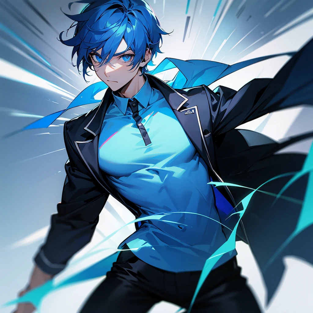 Male gamer with headphones Wear a blue shirt that opens the chest, black pants, and there are lights in the eyes.