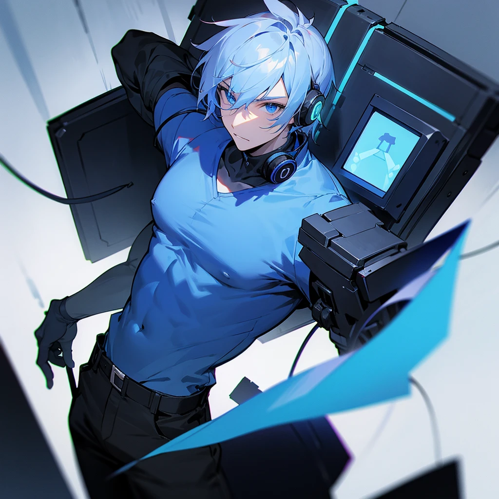 Male gamer with headphones Wear a blue shirt that opens the chest, black pants, and there are lights in the eyes.