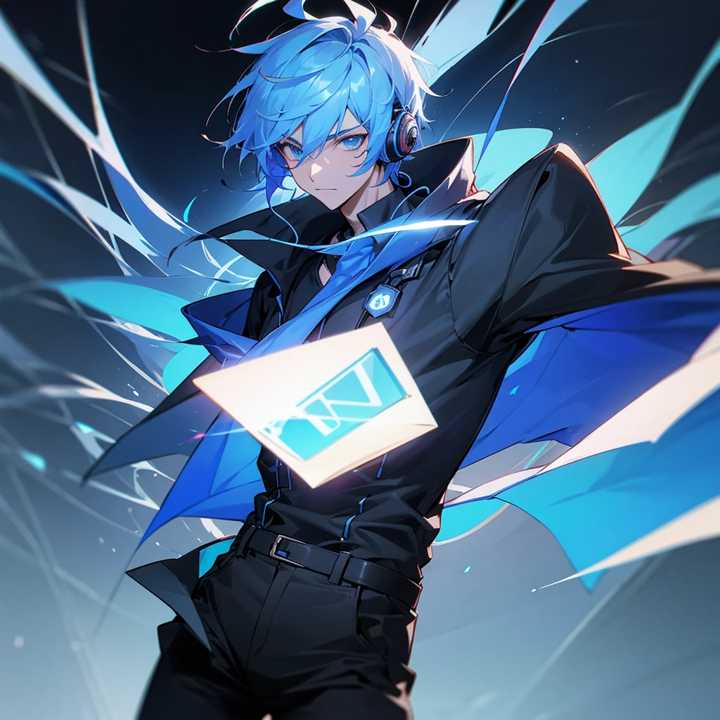 Male gamer with headphones Wear a blue shirt that opens the chest, black pants, and there are lights in the eyes.