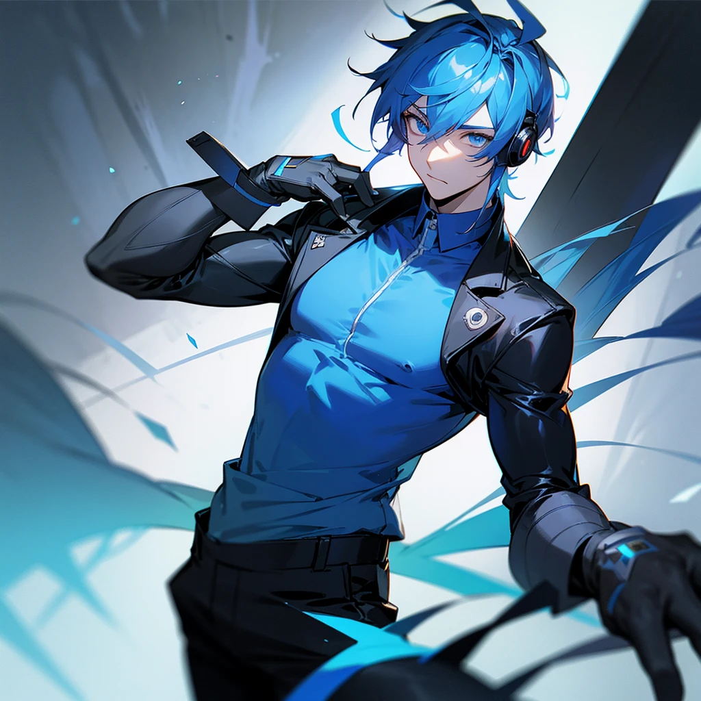 Male gamer with headphones Wear a blue shirt that opens the chest, black pants, and there are lights in the eyes.