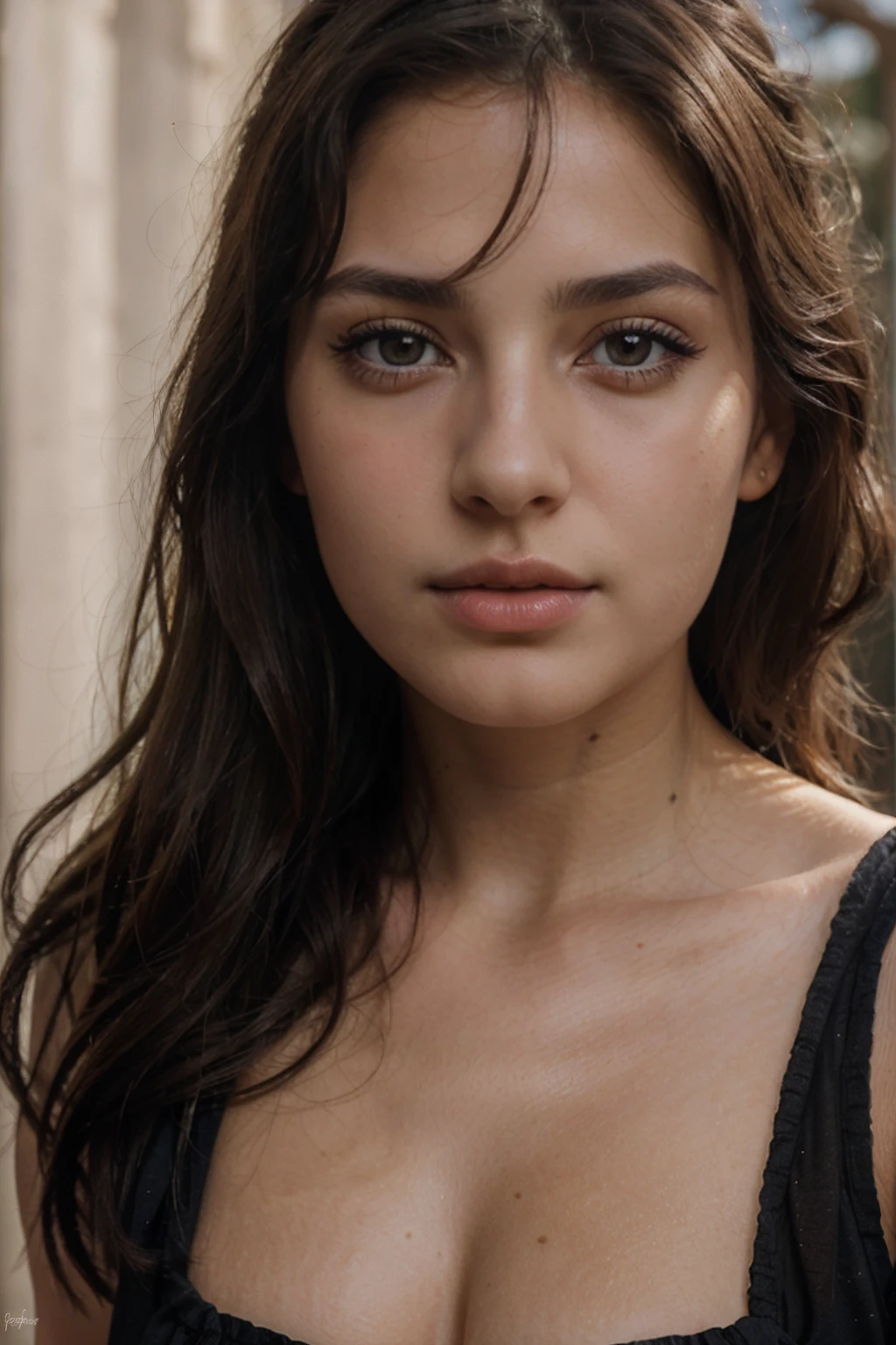 1 girl, Italian, innocent, realistic, 20 years, Darling, mysterious portrait, dark hair, expressive brown eyes, Long eyelashes, plump lips masterpiece, top quality, super detail, detailed light, detailed shadows, RAW, (Detailed skin), (real: 1.2), Sea, black dress