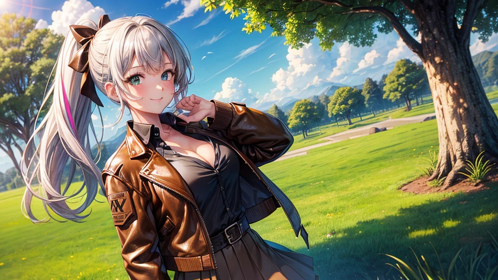 1girl, solo, full body, summer, village, trees, sun, clouds, ((colorful hair)), side ponytail, large breasts, ((brown leather jacket)), button down shirt, ((black shirt)), ((unbuttoned shirt)), unbuttoning buttons, cleavage 1:3 green eyes, grey skirt, smile, happy, looking at the viewer, standing, hair ribbon, golden necklate