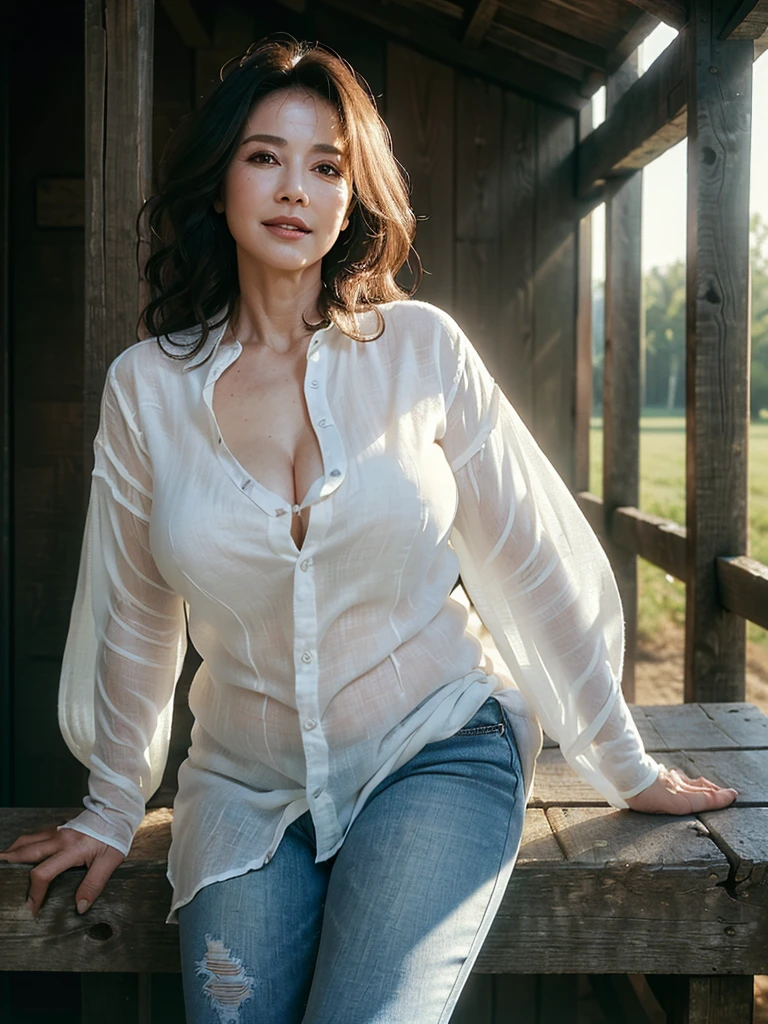 (masterpiece:1.4),(Beautiful 62 year old woman:1.5),(Facial wrinkles : 1.2),(white sheer linen shirt with front open : 1.2), (bra : 1.1), jeans, leather boots, blanket, (plump body : 1), extremely white skin, pores, skin blemishes, dull skin, gentle smile, wavy hair, enormous saggy breasts, (hanging breasts), on a barn, detailed backgrounds, sunrise