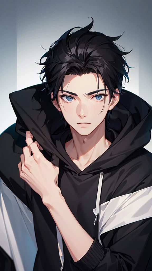 Very Close up a boy in black hoodie, black hair, fair white skin, tall, cool, dashing, slim, high quality,Accessories, 8k photography, fanart,A modern boy