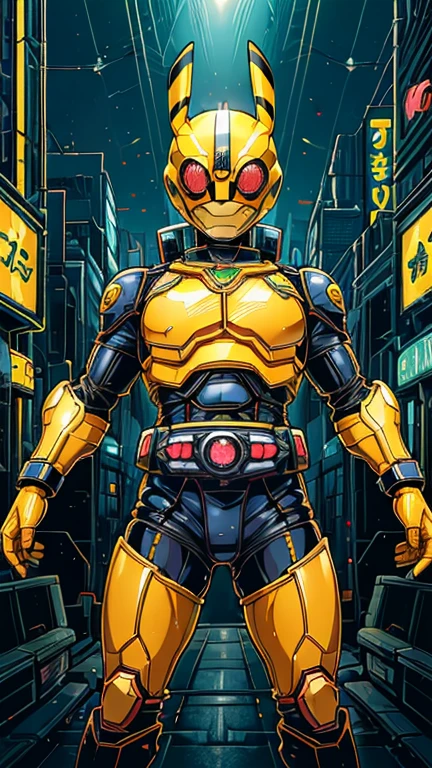 (8k),(masterpiece),(Japanese),(8--old ),((innocent look)),((Childish)),From the front,smile,cute,Innocent,Kind eyes,Flat chest, yellow helmet, yellow domino mask, Pikachu,Bald,No Hair, Henshin Pose,night,dark, Neon light cyberpunk city,Kamen rider,camisa