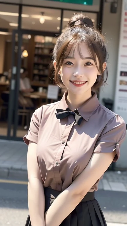 (8K, RAW Photos, Highest quality, masterpiece: 1.2), (Realistic, Realistic: 1.37), Ultra HD, 1 Girl, cute, alone, Beautiful sky, Detailed Cafe, night, Sitting, date, (Nose and labia), (smile: 1.1), (Closed), Medium chest, Beautiful Eyes, (Collared shirt: 1.1), bow tie, Pleated skirt, (short hair: 1.2), Floating Hair