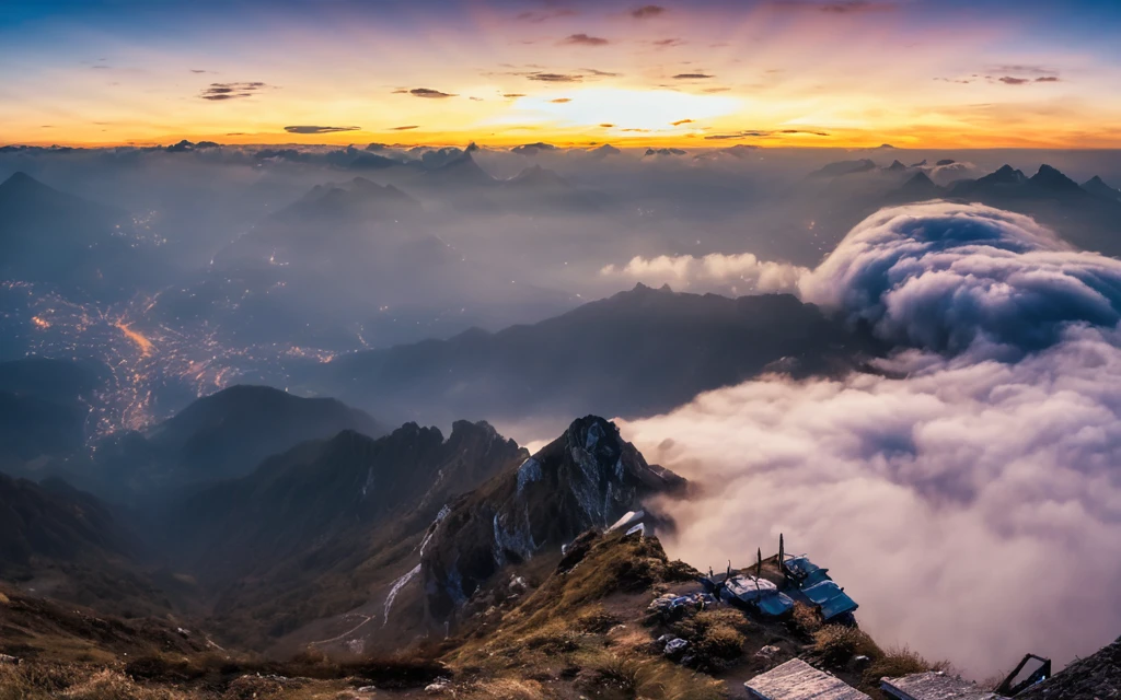the view from the top of a mountain at sunset