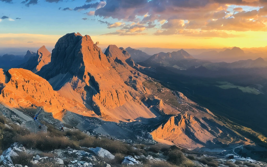 the view from the top of a mountain at sunset