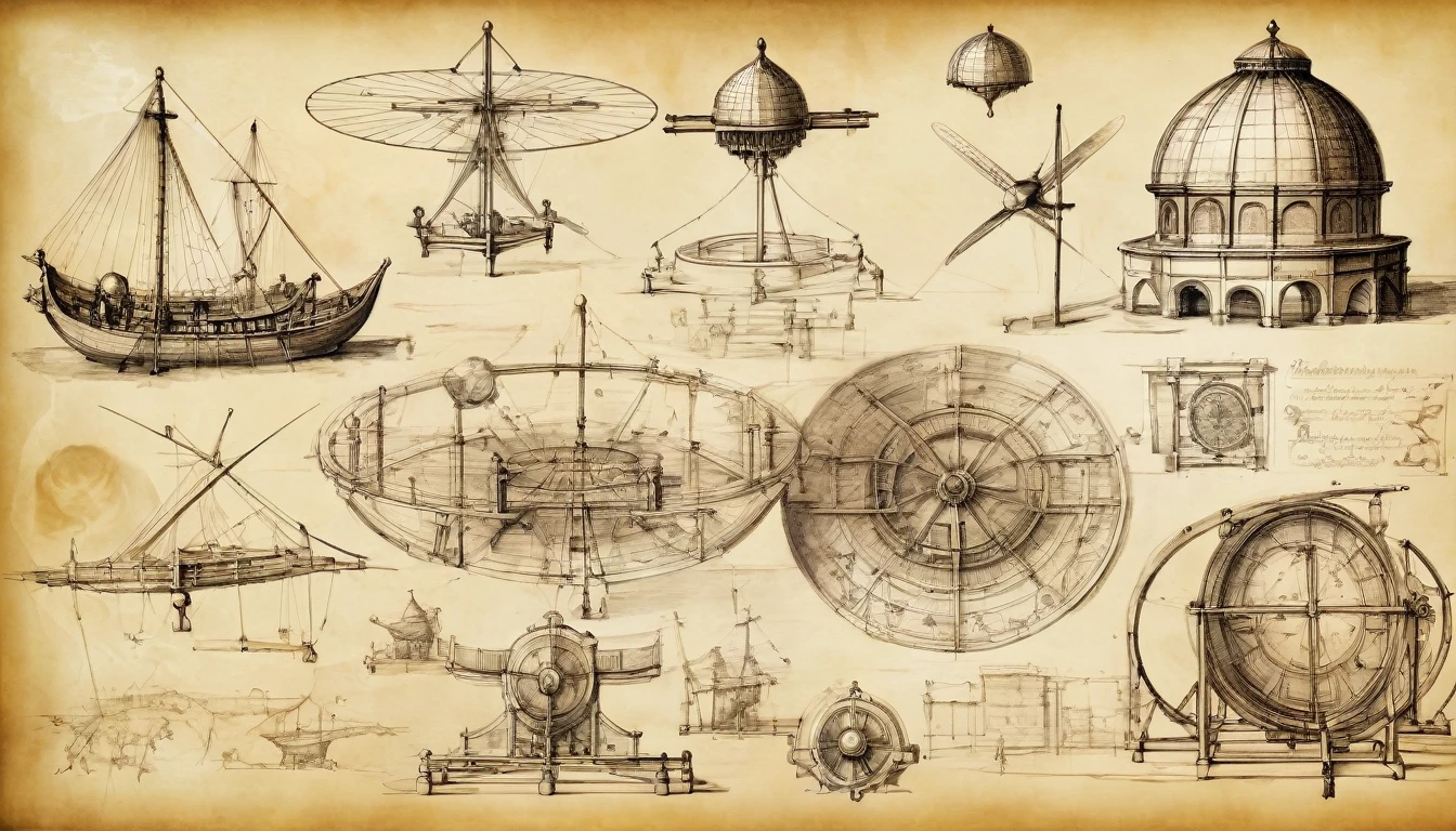 the legacy of leonardo da vinci, sketches with his inventions