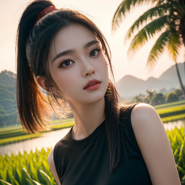 Head-on photo of Araffe woman wearing a dark green T-shirt., Looking straight at you intently, ponytail, Long hair floats up, Long-haired woman with a round face, Red cheeksแดงอมชมพู, black eyes ตาสองชั้น, black eyes, Thai anime, Has a large chest size of 38 inches., (digital painting, HDR, high contrast), (Highest quality),(Masterpiece:1.3),(sharp focus:1.2), glowing face, (Red cheeks:1.6:), outdoor, The background is a rice field., There is an old thatched Thai-style hut in the background., The evening sun shines, beautiful asian woman, Japanese goddess, beautiful female model, jaw-dropping beauty, Attractive face and body