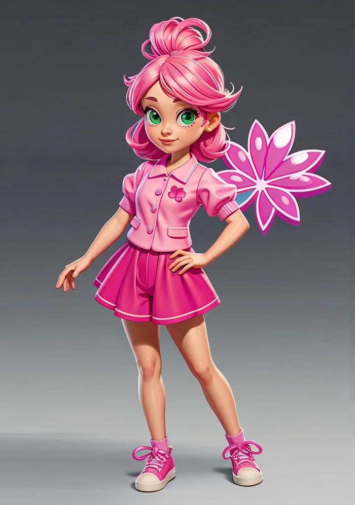 girl with a pink theme with elements that resemble a four-leaf clover, but with pink clothes, short clothes with a bra and.  panties
