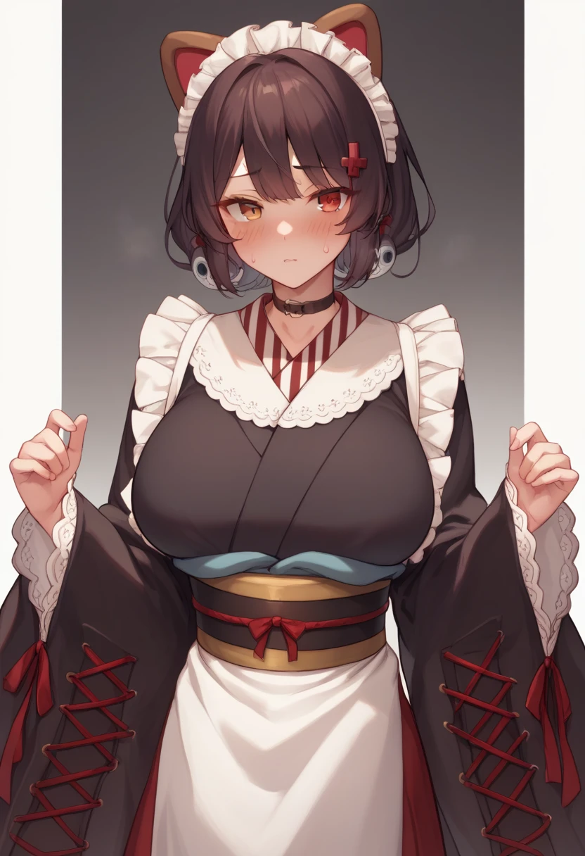 choker, maid headdress, NUDE、 black kimono, wide sleeves, frills, obi, white apron, sleeves past wrists, skirt, red skirt,
Huge breasts、Staring at a huge penis、Surprised、blush、Upper body only、Erect penis、Pregnant women、Handjob