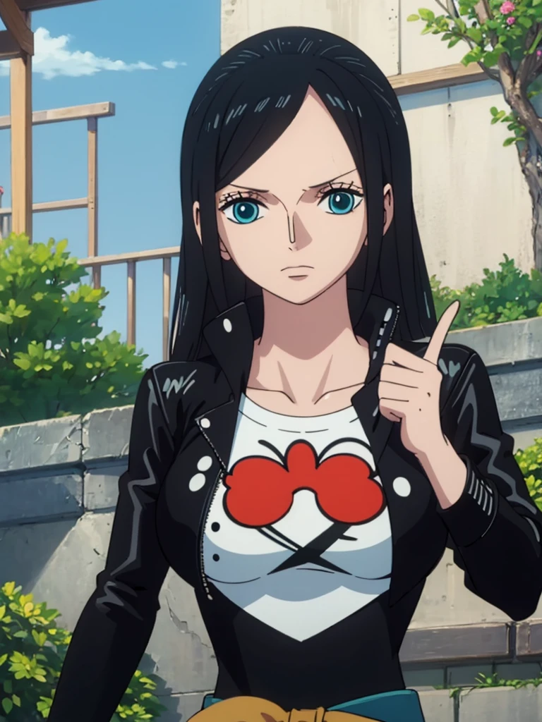 ((best quality)), ((masterpiece)), (detailed), ( nico robin ) , big breasts , wearing black leather jacket over white printed t-shirt and blue jeans , in garden , looking at camera