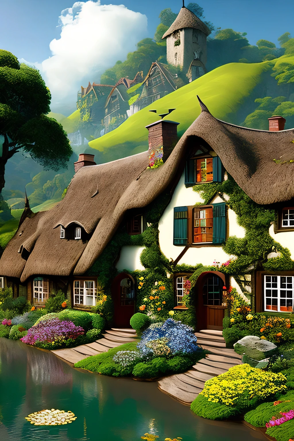 In an exquisite 8K resolution, this image brings to life the enchanting village of Ardenwood, nestled within a verdant, vibrant valley. Ancient oaks, boasting rich, textured bark and sprawling canopies of emerald leaves, stand tall like guardians over the landscape. Winding brooks meander through the village, their waters sparkling with clarity, adding a touch of life to the serene tableau. Charming thatched-roof houses adorned with colorful flower boxes dot the terrain, each displaying a unique charm that speaks of a bygone era. The cobblestone streets weave intricately, inviting exploration, while vill