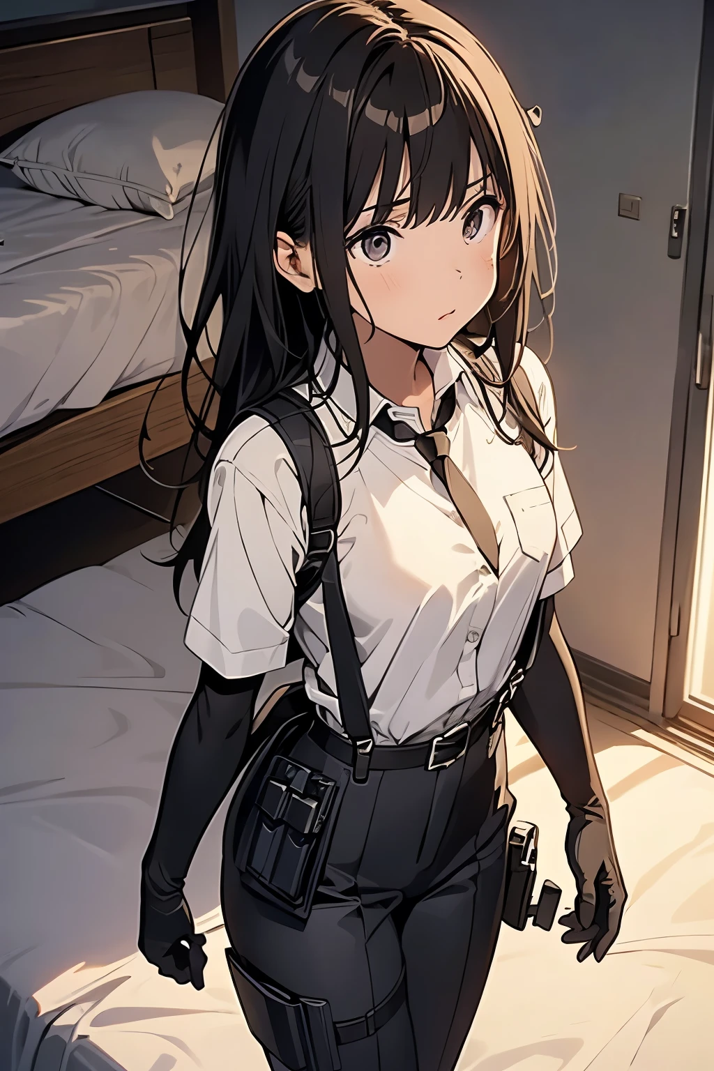 1 female, , high quality, masterpiece, Ultra-high resolution, , Cinema Lighting, , , And the suspenders with the cranes flying Moderate breasts Small face holster Lying in bed Looking up Sweat belt summer 脇Sweat Black Hole Gloves suit shirt Black jacket Black trousers Leg Links ズボンにbelt holster Hands behind your back Anxious expression Looking up Anxious face, legs apart