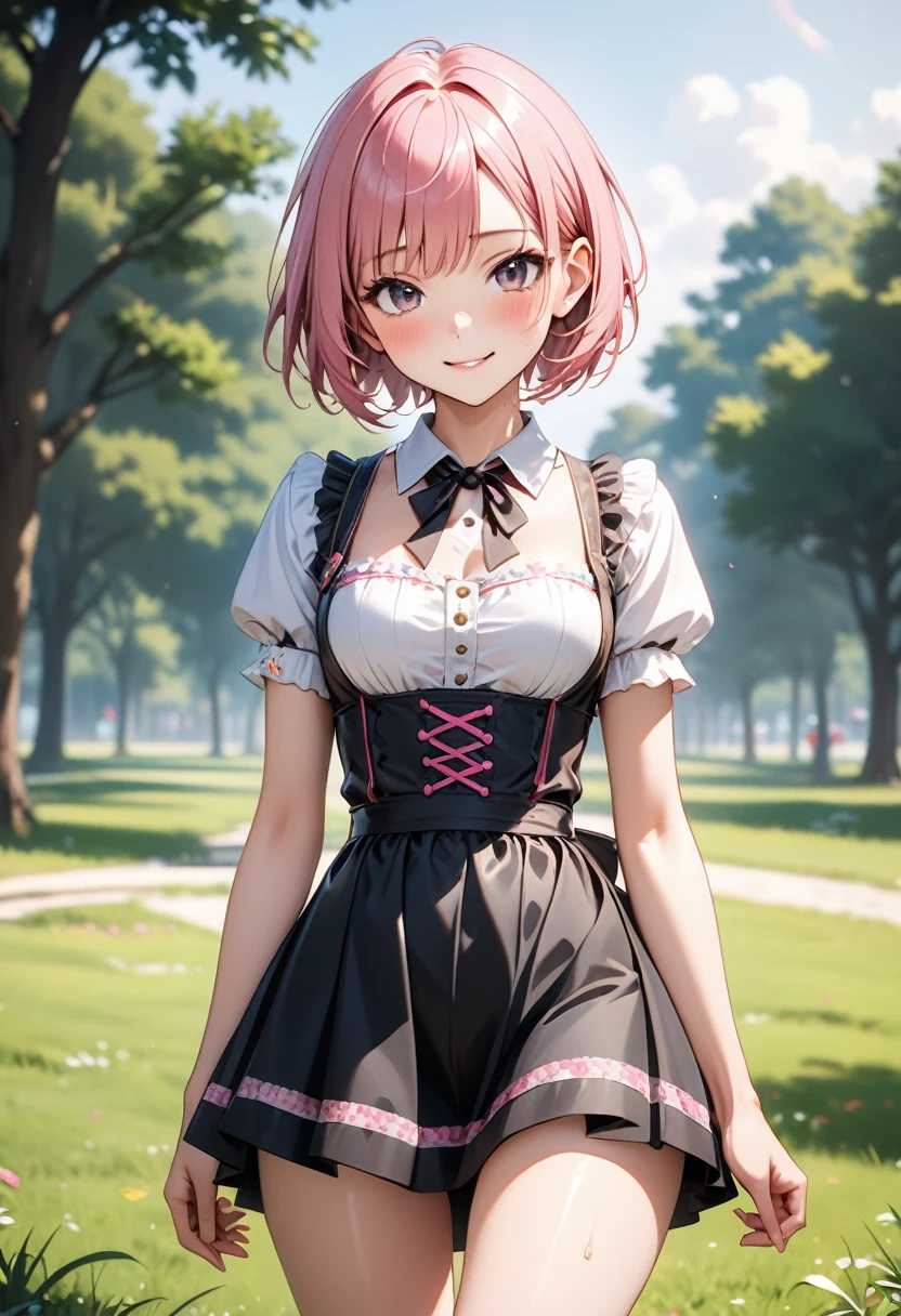 ((Metallic dirndl)), skinny, solo, 1 woman, Masterpiece, highest quality, highest quality, 16K, incredibly absurd, highly detailed, 2.5D, ai-generated, delicate and dynamic, very delicate facial expressions, delicate eye depiction, erotic, only sexy woman, ((A cute and kind face)), healthy figure, ((25-year-old woman)), 160cm tall, medium firm swaying bust, (short hair), (pink hair:1.5), bob cut, black eye, blush, Sweat,Embarrassed,sexy, ((thin thighs)), (camel toe:0.8), (Erect nipples:0.7), ((shiny and lustrous)), facing straight at viewer, smile, (standing), cowboy shot, ((arm at side)), Large park, daytime, bright, on the grass,