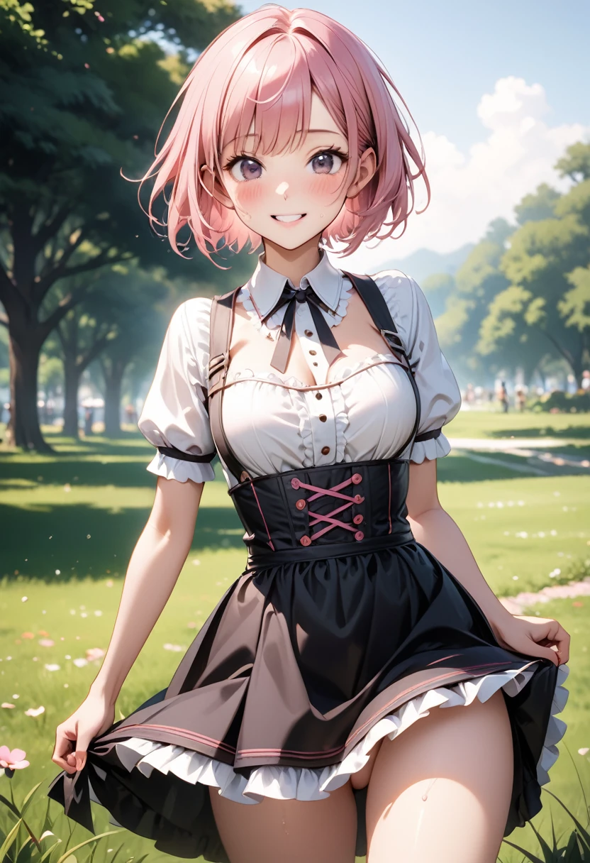 ((Metallic dirndl)), skinny, solo, 1 woman, Masterpiece, highest quality, highest quality, 16K, incredibly absurd, highly detailed, 2.5D, ai-generated, delicate and dynamic, very delicate facial expressions, delicate eye depiction, erotic, only sexy woman, ((A cute and kind face)), healthy figure, ((25-year-old woman)), 160cm tall, medium firm swaying bust, (short hair), (pink hair:1.5), bob cut, black eye, blush, Sweat,Embarrassed,sexy, ((thin thighs)), (camel toe:0.8), (Erect nipples:0.7), ((shiny and lustrous)), facing straight at viewer, smile, (standing), cowboy shot, ((arm at side)), Large park, daytime, bright, on the grass,